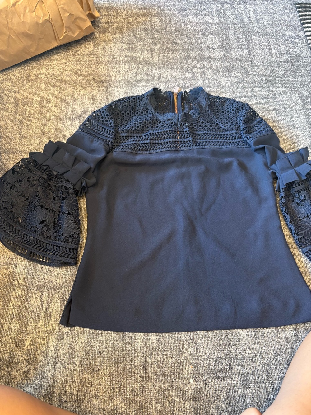 Ted Baker Navy Lace Yoke Bell-Sleeve Blouse